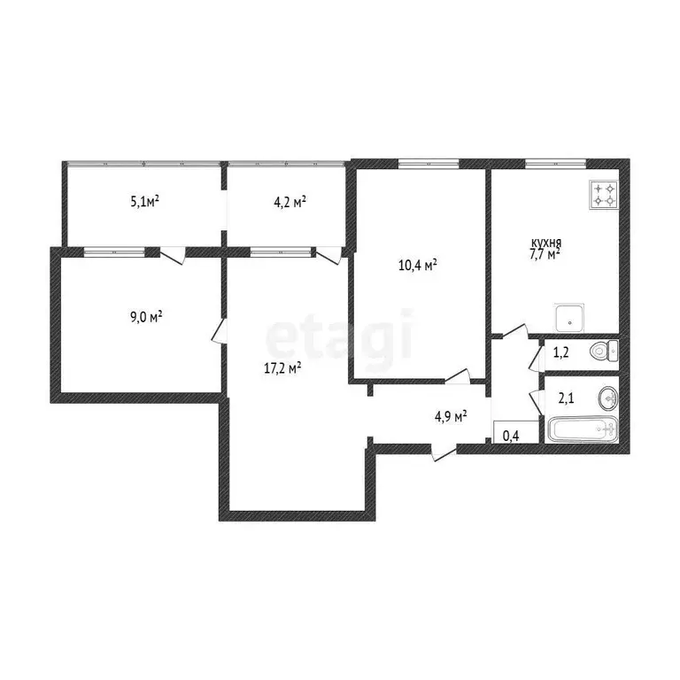 Квартира, 3 комнаты, 52.9 м - Фото 1