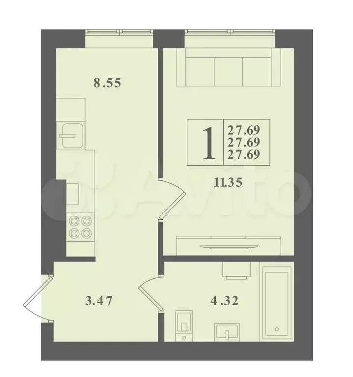 1-к. квартира, 27,7 м, 1/4 эт. - Фото 0
