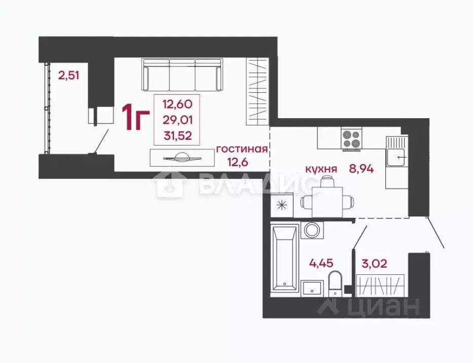 Студия Пензенская область, Пенза ул. Измайлова, 41В (31.5 м) - Фото 2