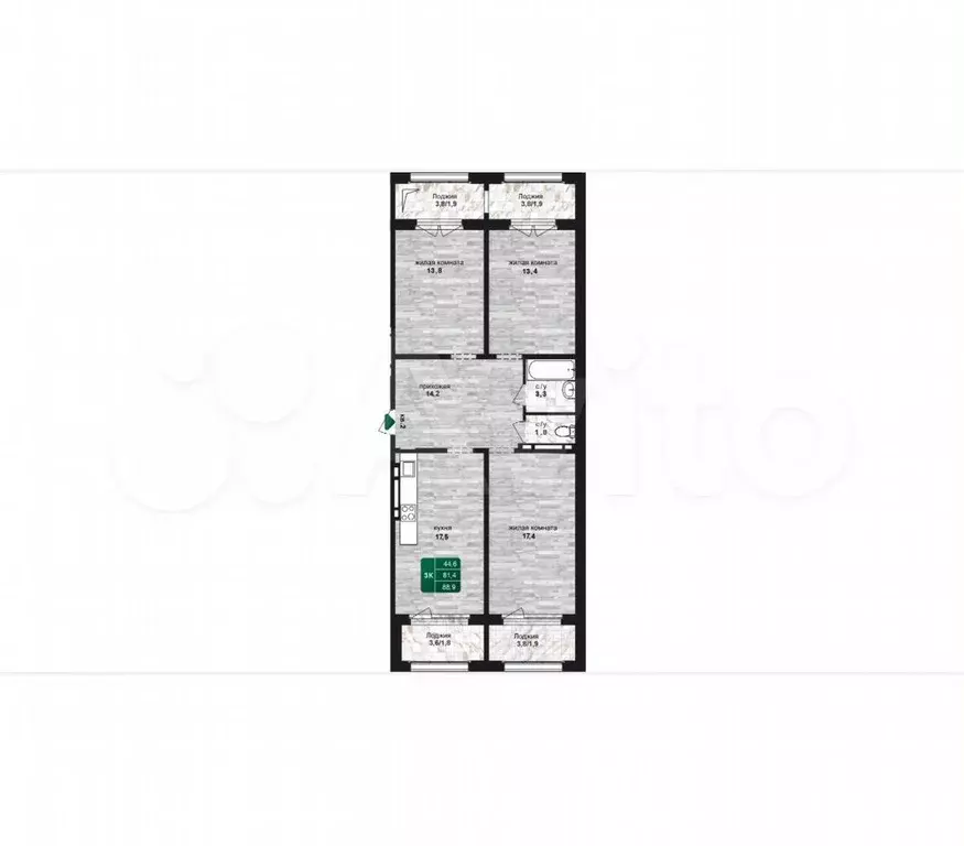 3-к. квартира, 88,9 м, 20/24 эт. - Фото 1