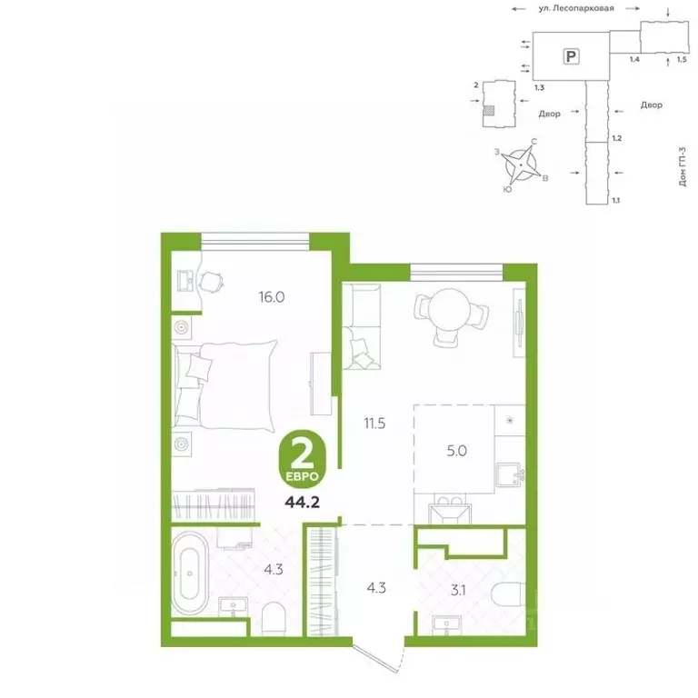 2-к кв. Тюменская область, Тюмень ул. Лесопарковая, 20 (44.2 м) - Фото 1