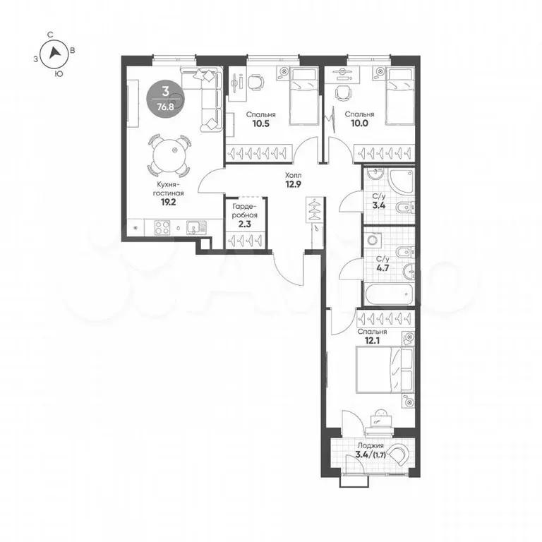 3-к. квартира, 76,8 м, 2/9 эт. - Фото 1
