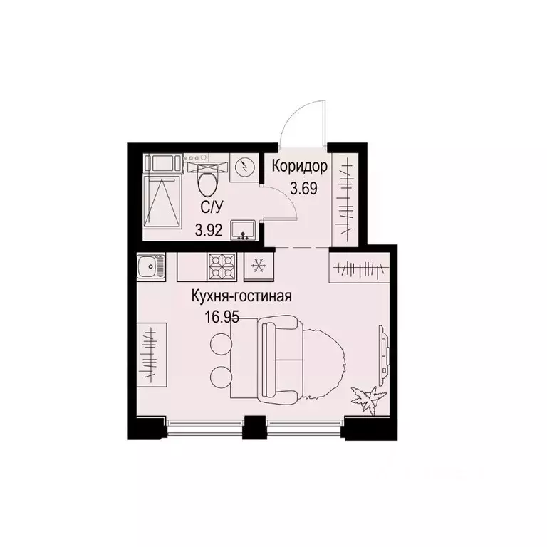 Студия Санкт-Петербург ул. Профессора Попова, 38 (24.56 м) - Фото 1