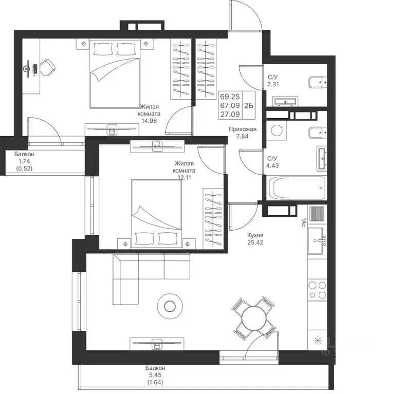 2-к кв. Татарстан, Казань Мой Ритм жилой комплекс, ПК14 (69.25 м) - Фото 1