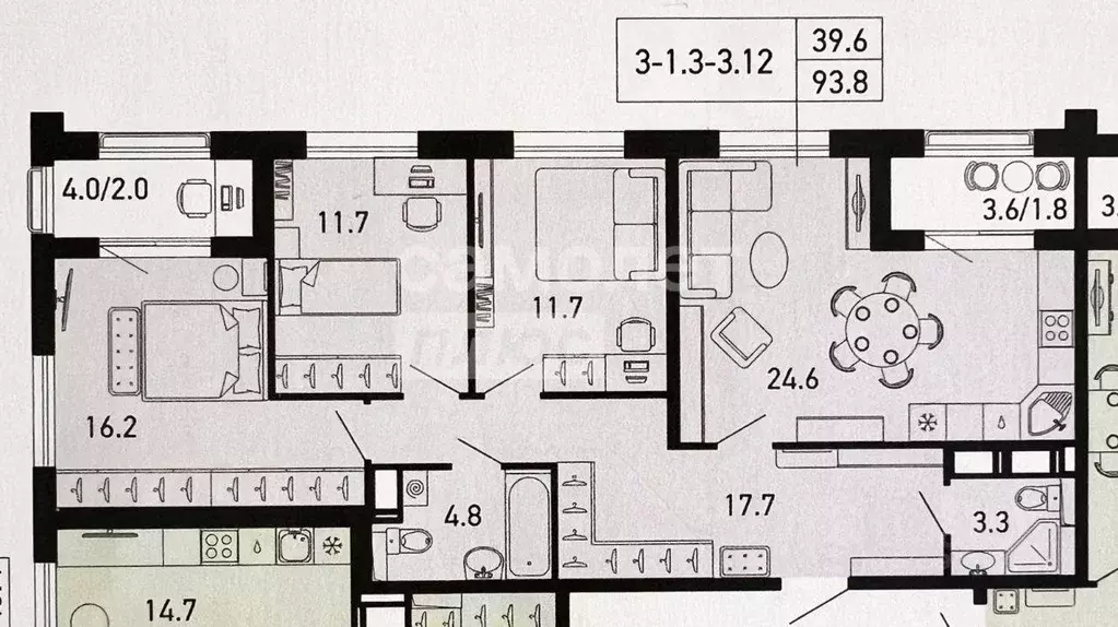 Квартира, 3 комнаты, 90.1 м - Фото 0