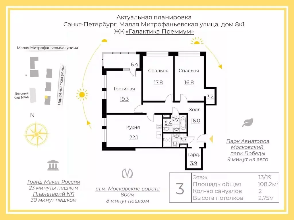 3-к кв. Санкт-Петербург Малая Митрофаньевская ул., 8к1 (108.2 м) - Фото 2