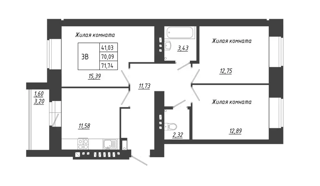 3-комнатная квартира: село Осиново, улица Марата Ахметшина, 6 (71.4 м) - Фото 1