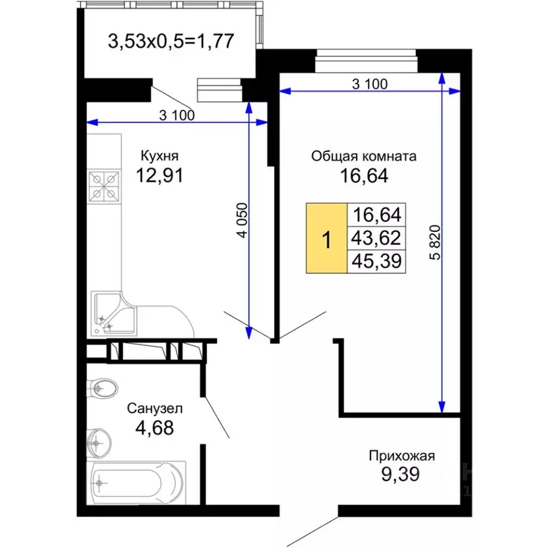1-к кв. Краснодарский край, Краснодар Имени Петра Метальникова мкр, ... - Фото 0