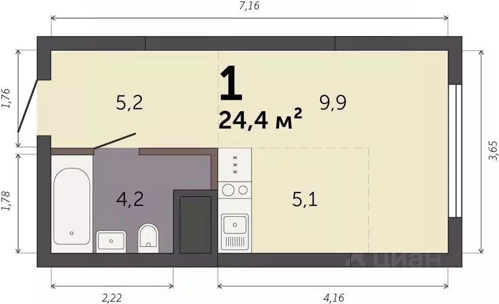 Студия Свердловская область, Екатеринбург Южный жилрайон,  (24.4 м) - Фото 0