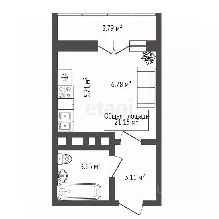 Студия Новосибирская область, Новосибирск ул. Гоголя, 209 (21.15 м) - Фото 1