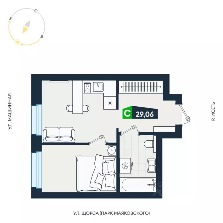 Студия Свердловская область, Екатеринбург ул. Машинная, 1В/4 (29.06 м) - Фото 2