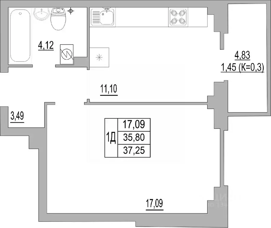 1-к кв. Псковская область, Псков ул. Юности, 32 (37.04 м) - Фото 0