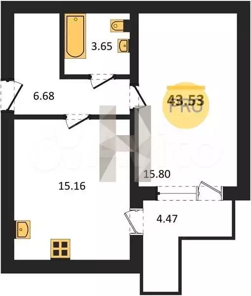 1-к. квартира, 43,5 м, 7/9 эт. - Фото 1