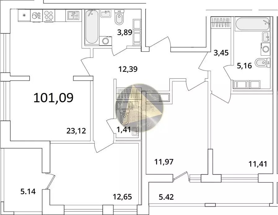 3-комнатная квартира: Санкт-Петербург, Кубинская улица, 82к3с1 (101.09 ... - Фото 0