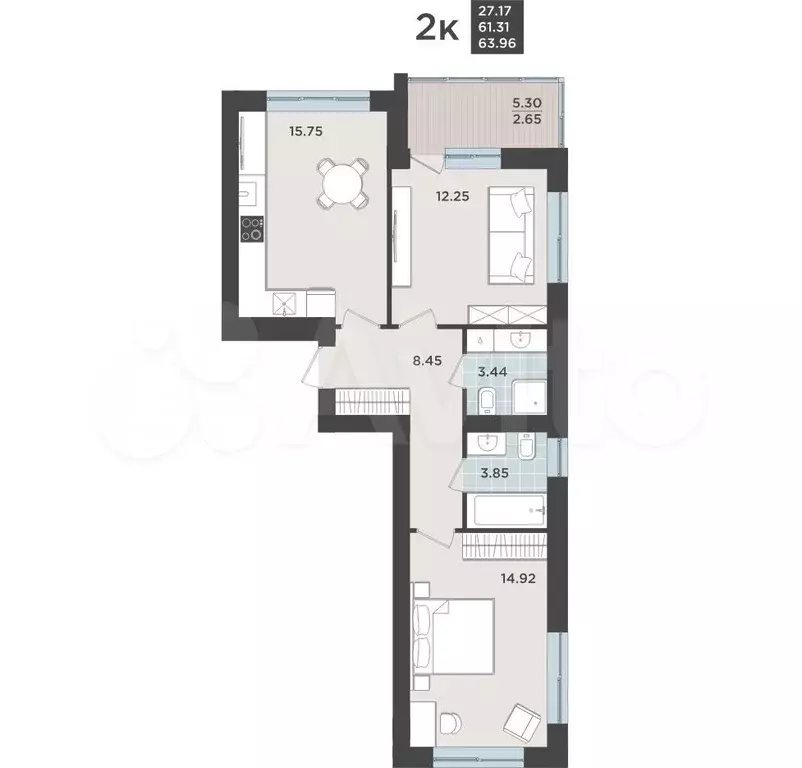 2-к. квартира, 61,6 м, 5/9 эт. - Фото 1
