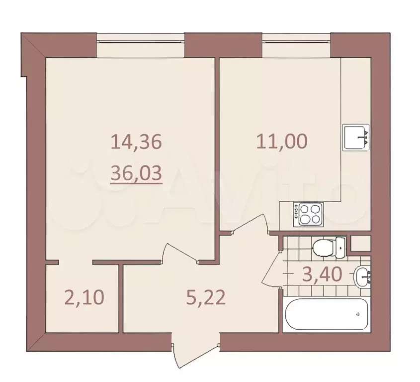 1-к. квартира, 36 м, 4/4 эт. - Фото 0