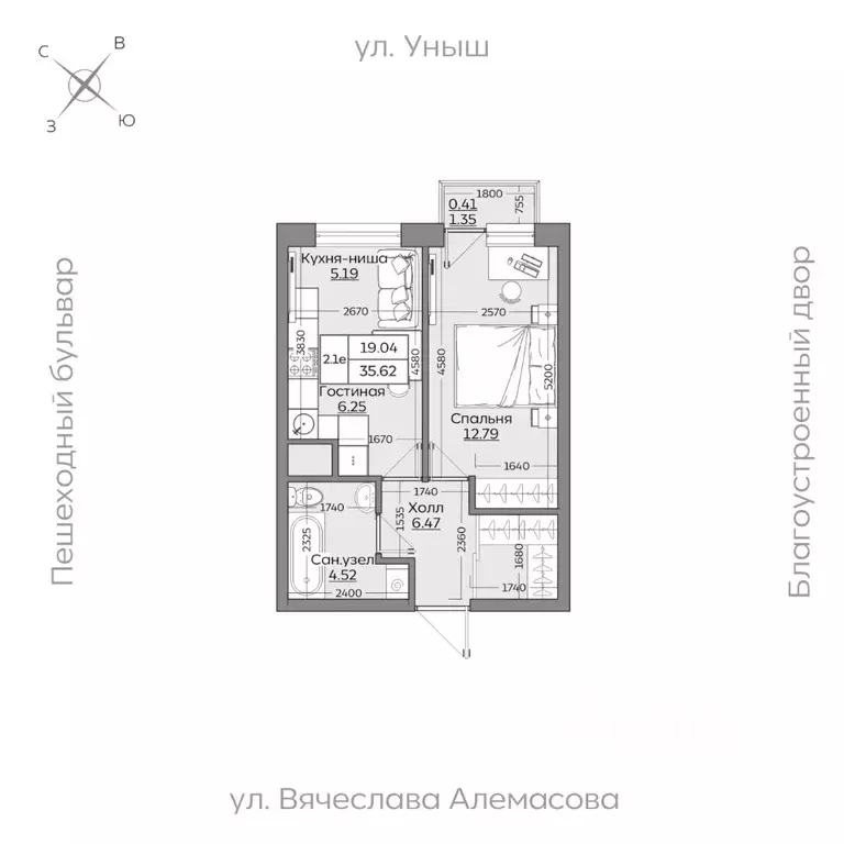 2-к кв. Татарстан, Казань ул. Рауиса Гареева (35.63 м) - Фото 0