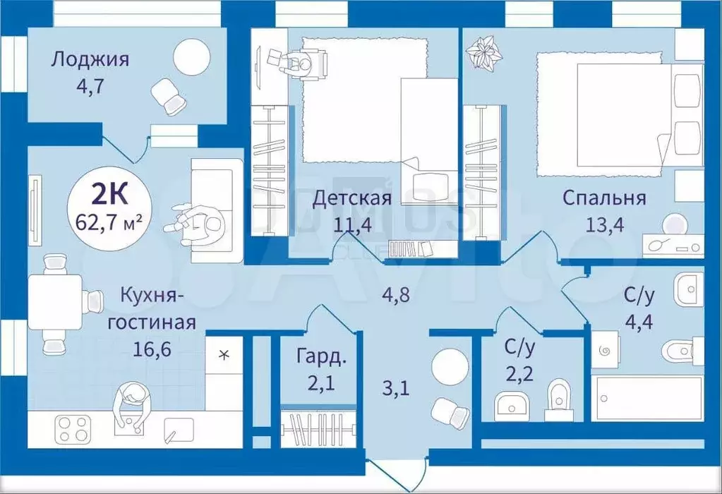 2-к. квартира, 63 м, 3/25 эт. - Фото 0