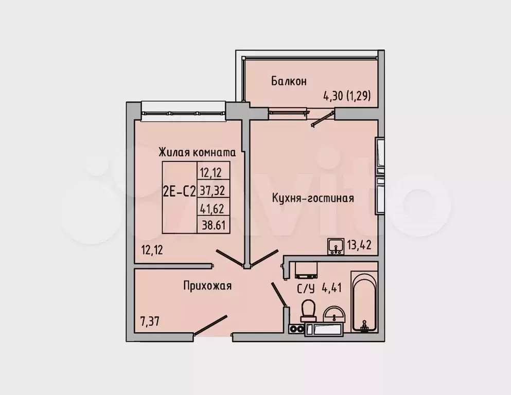 2-к. квартира, 38,6 м, 10/22 эт. - Фото 1