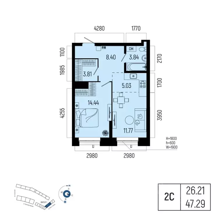 2-к кв. Башкортостан, Уфа Глумилино-1 мкр, Новатор жилой комплекс ... - Фото 1