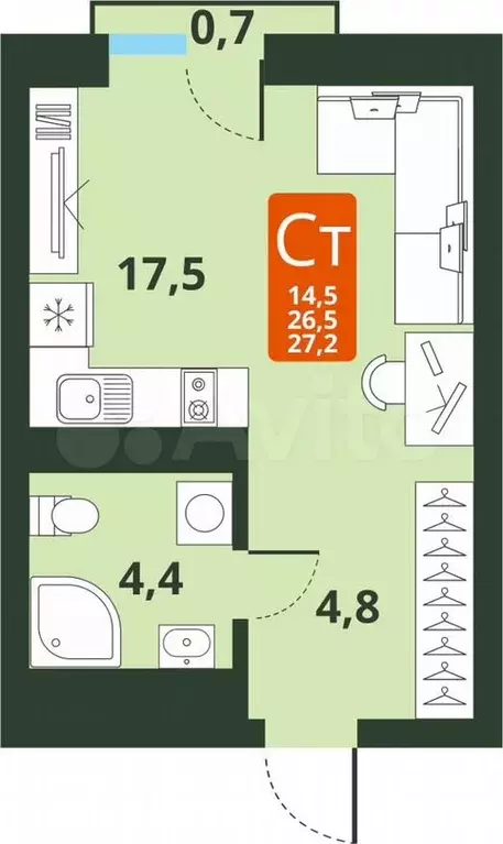 1-к. квартира, 26,5 м, 4/15 эт. - Фото 0