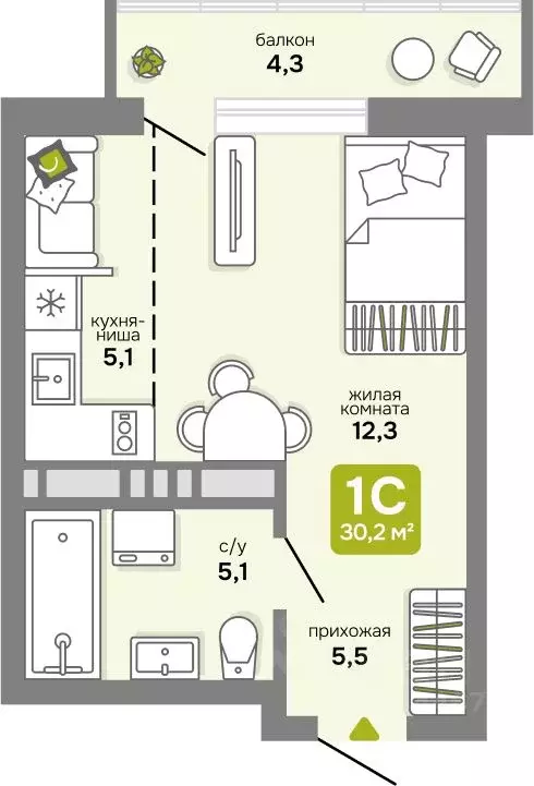 Студия Новосибирская область, Новосибирск 68-й кв-л,  (29.3 м) - Фото 0