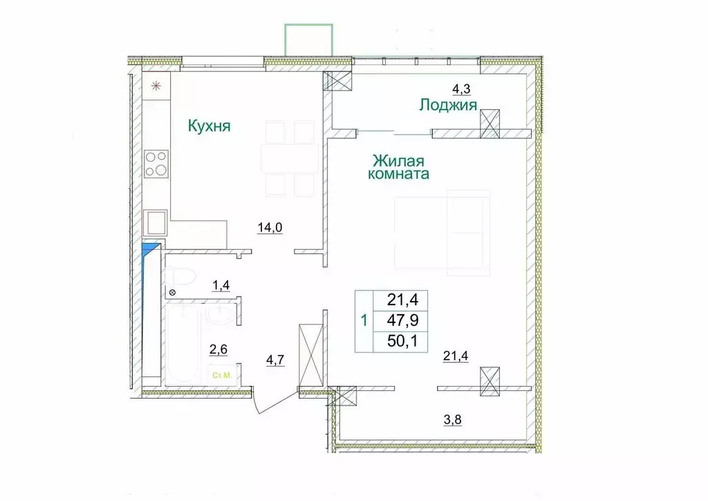 1-комнатная квартира: Старый Оскол, микрорайон Космос, 11 (50.1 м) - Фото 0