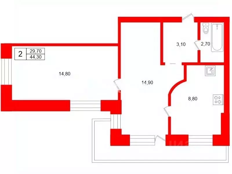 2-к кв. Санкт-Петербург просп. Кима, 28Б (44.3 м) - Фото 2