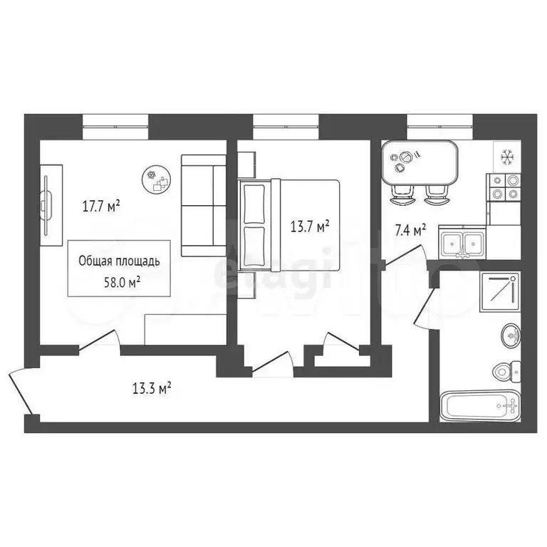 2-к. квартира, 58 м, 2/6 эт. - Фото 1