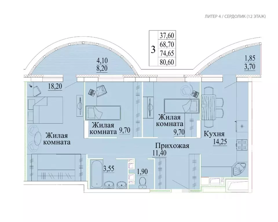3-к кв. Ивановская область, Иваново Самоцветы мкр, 4 (80.06 м) - Фото 0