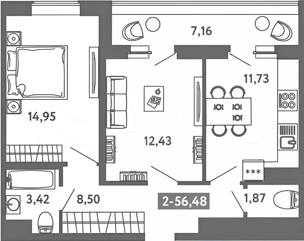 2-к кв. Санкт-Петербург ул. Чирикова, 5 (56.0 м) - Фото 2