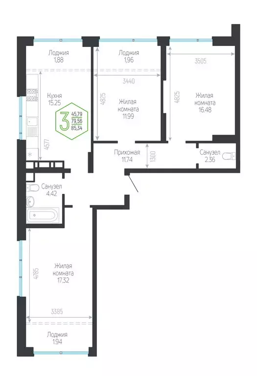 3-комнатная квартира: Краснодар, Обрывная улица, 132/1к25 (85.34 м) - Фото 1