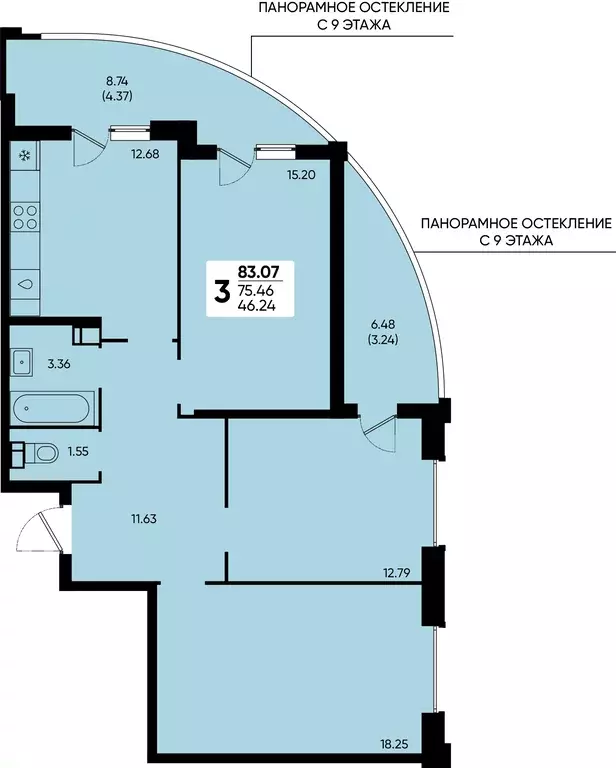 3-к квартира, 83.07 м - Фото 0