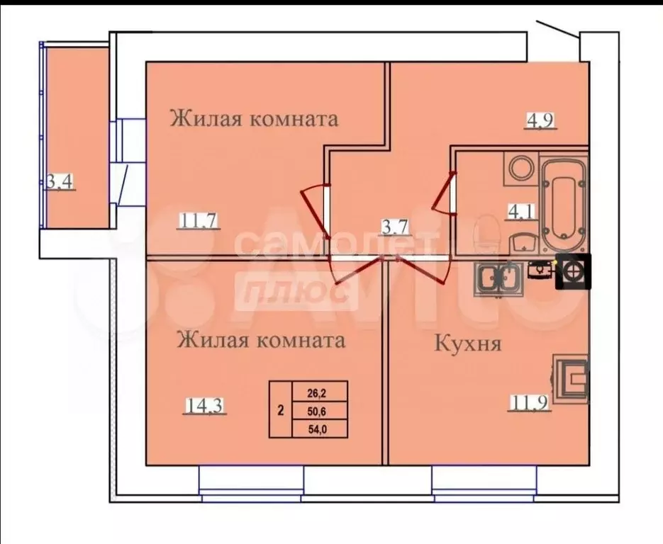 2-к. квартира, 54 м, 6/14 эт. - Фото 0