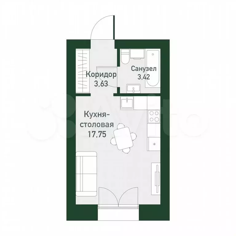 Квартира-студия, 25,2м, 4/4эт. - Фото 0