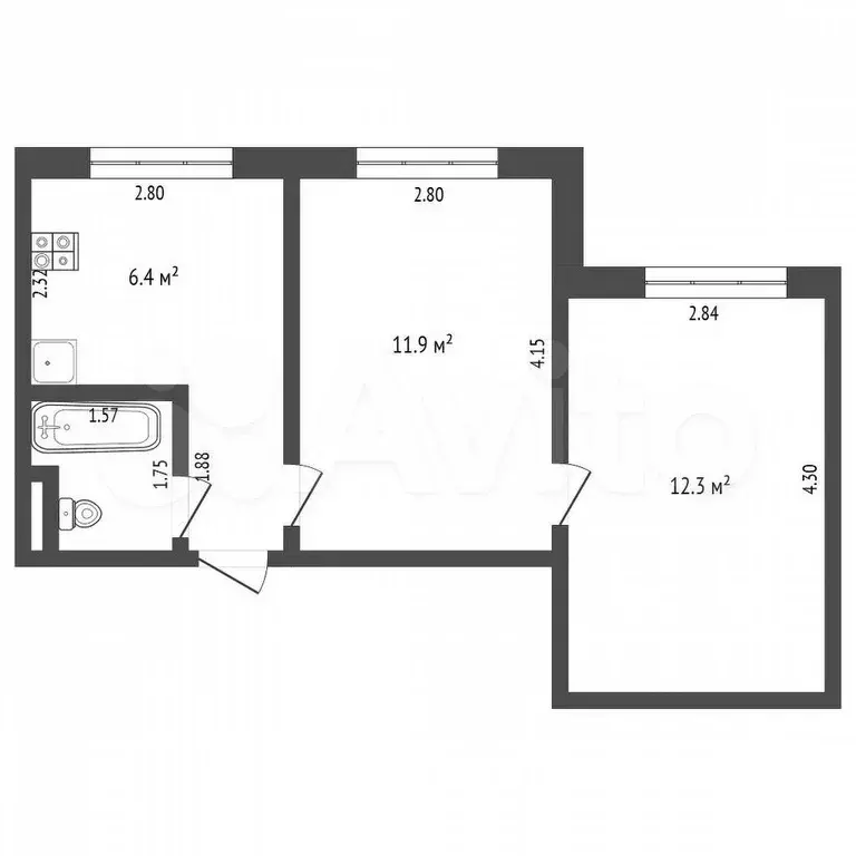 2-к. квартира, 34,8 м, 3/5 эт. - Фото 0