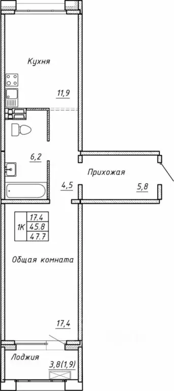 Свободной планировки кв. Новосибирская область, Новосибирск  (47.7 м) - Фото 0