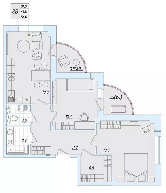 2-к квартира, 77.3 м - Фото 0