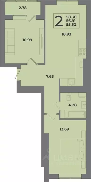2-к кв. Калининградская область, Калининград Петровский мкр,  (58.3 м) - Фото 1