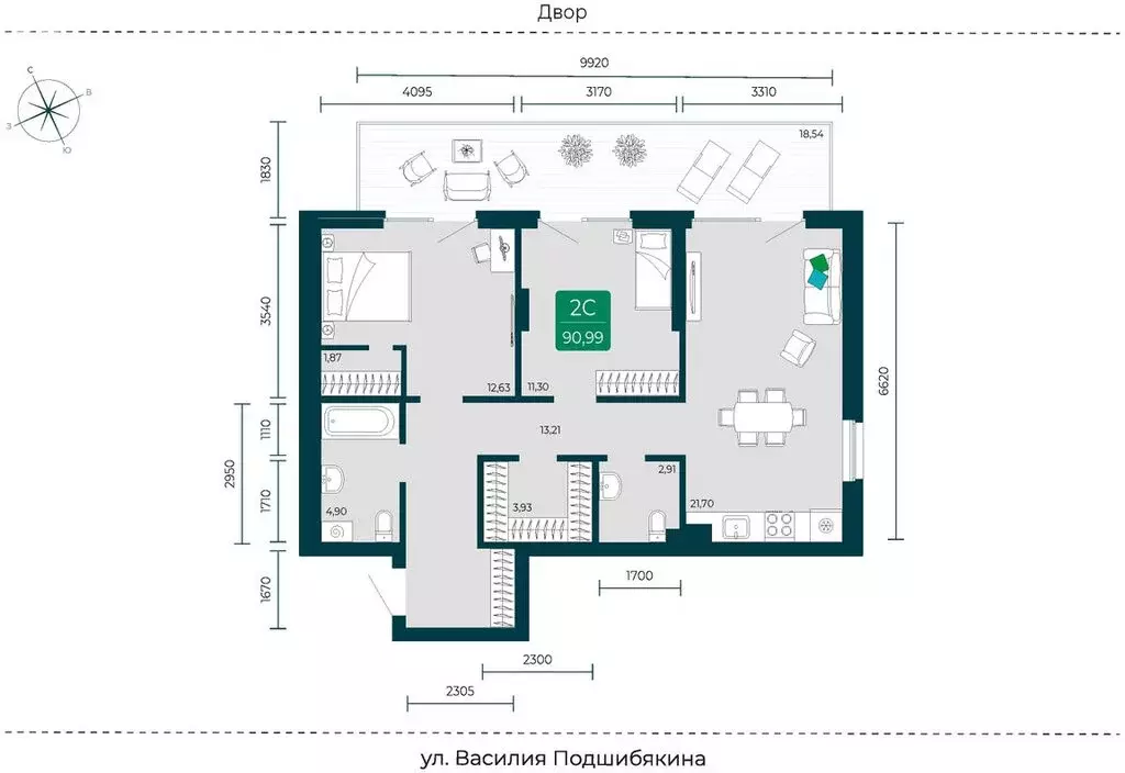 2-комнатная квартира: Тюмень, улица Василия Подшибякина, 7 (90.99 м) - Фото 1