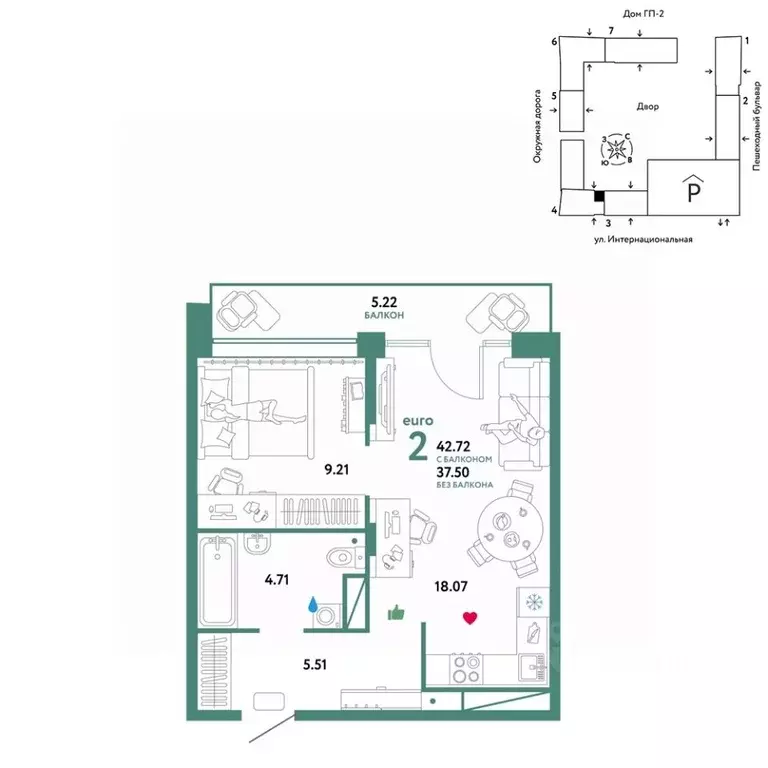 2-к кв. Тюменская область, Тюмень Интернациональная ул., 199к9 (42.72 ... - Фото 1