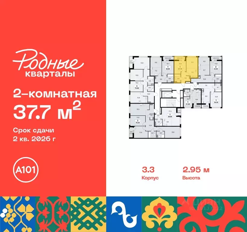 2-к кв. Москва Родные кварталы жилой комплекс, 3.3 (37.7 м) - Фото 1