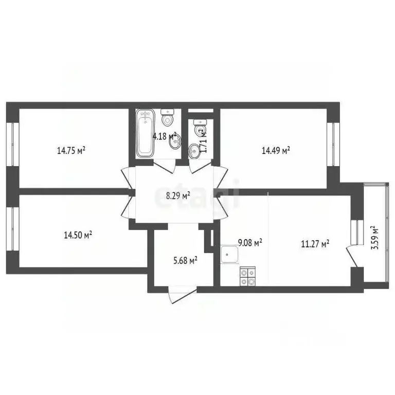 3-к кв. Тюменская область, Тюмень ул. Фармана Салманова, 14 (84.2 м) - Фото 2