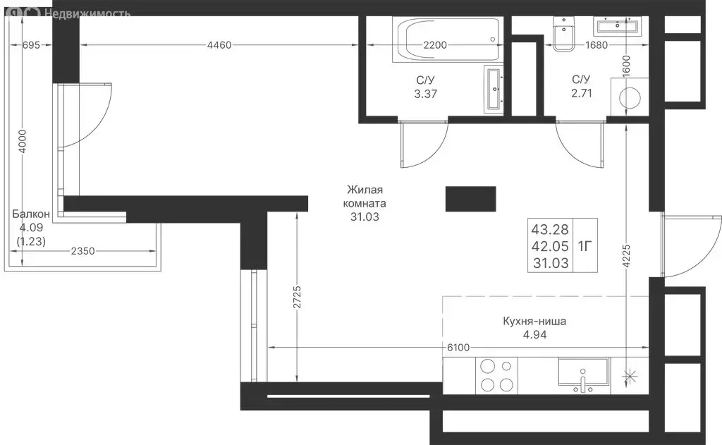 1-комнатная квартира: Казань, ЖК Мой Ритм, ПК14 (43.28 м) - Фото 1