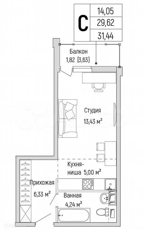 Квартира-студия, 31,4 м, 3/9 эт. - Фото 0