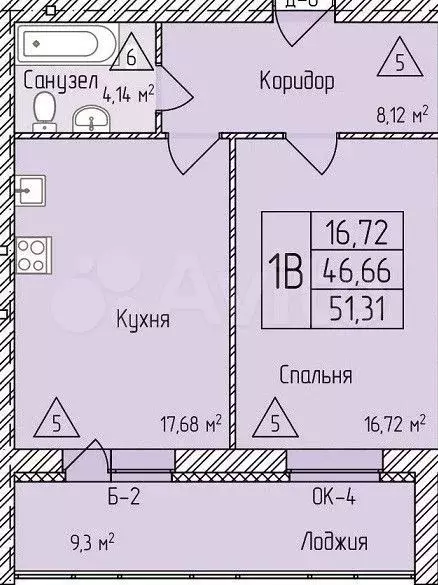 1-к. квартира, 51,3 м, 1/9 эт. - Фото 0