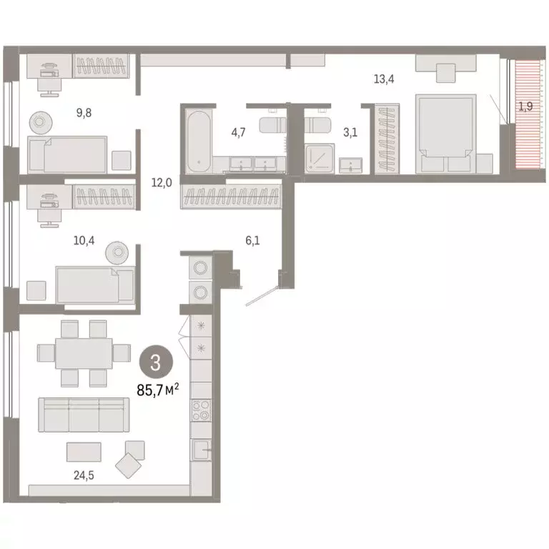 3-комнатная квартира: Тюмень, микрорайон ДОК, ЖК Октябрьский на Туре ... - Фото 1