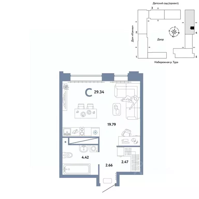Студия Тюменская область, Тюмень Европейский Берег 2.0 жилой комплекс ... - Фото 1