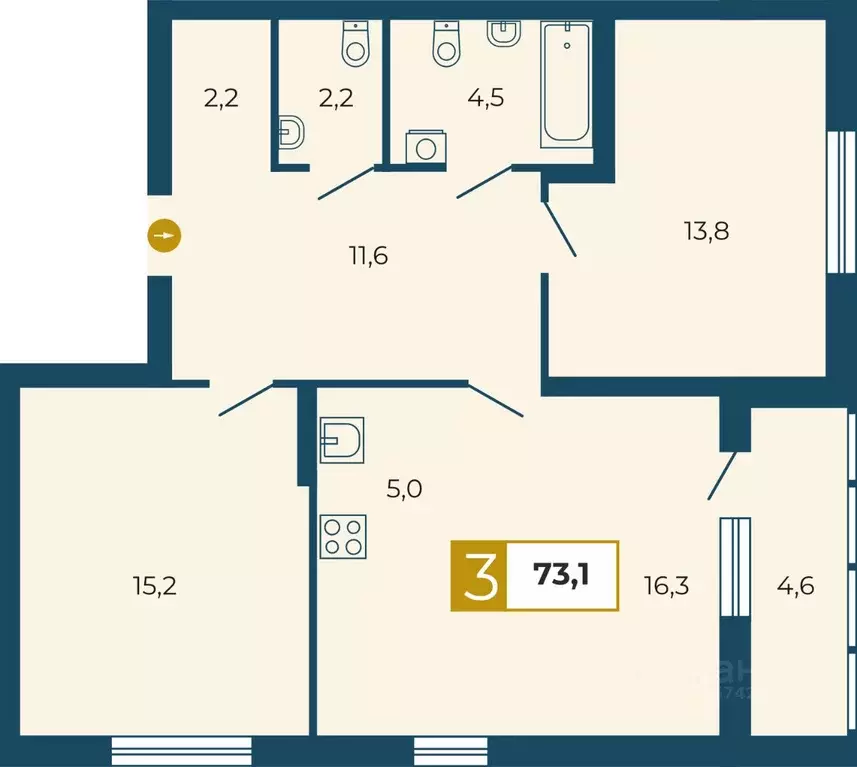 3-к кв. Свердловская область, Екатеринбург ул. Викулова, 24 (73.1 м) - Фото 0