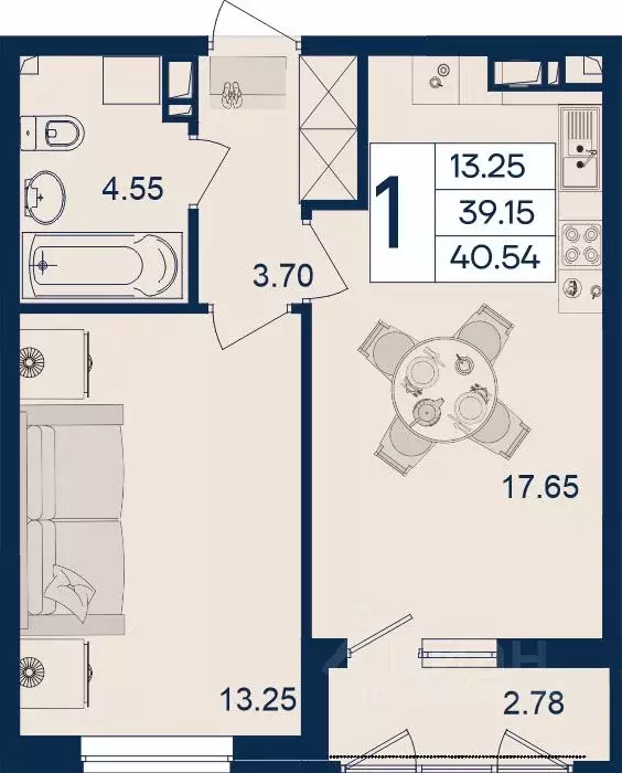 1-к кв. Краснодарский край, Краснодар  (40.54 м) - Фото 1